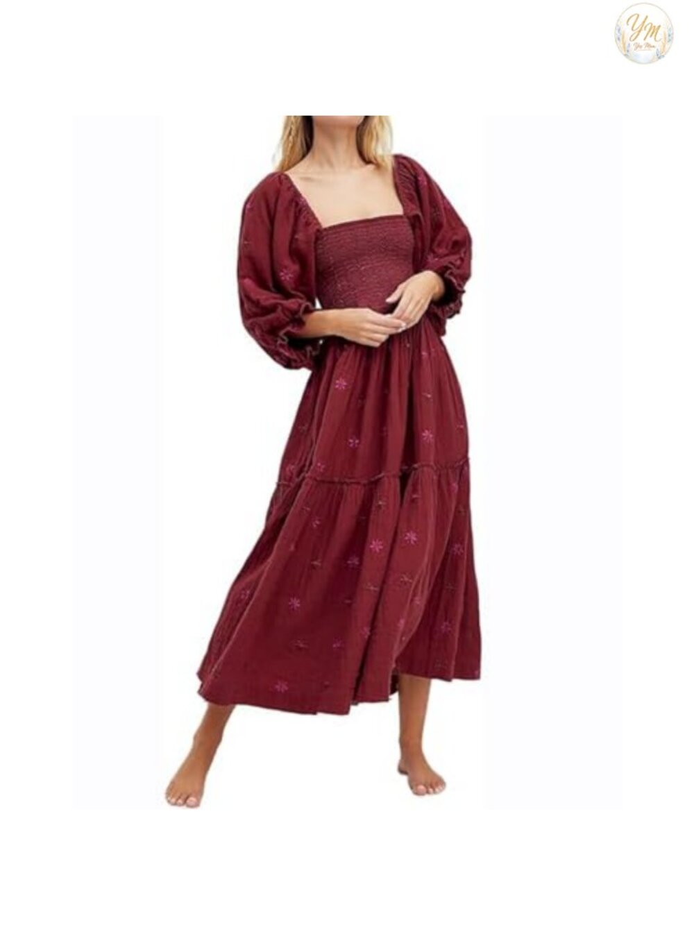 Floral Embroidered Maxi Dress, Square Neck Boho Long Puff Sleeve with Pockets